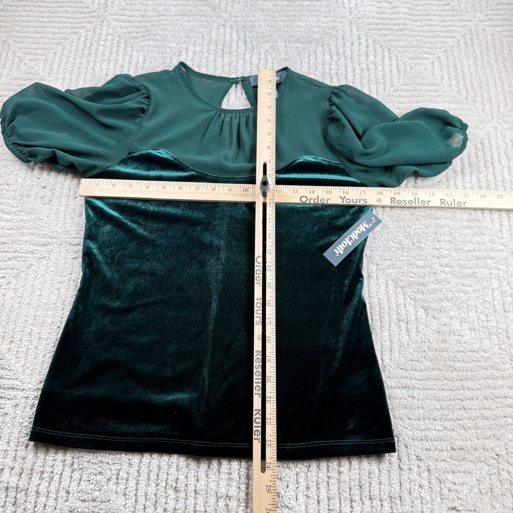 ModCloth Velvet Mixed Media Top Women's Small Green Puff Sleeve Holiday Romantic - Picture 8 of 10